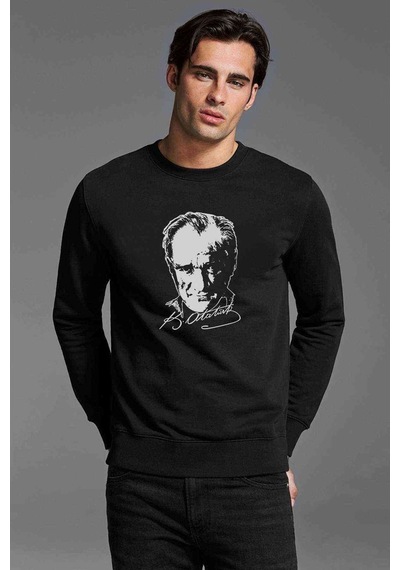 Atatürk 23 Nisan Baskılı Siyah Erkek Örme Sweatshirt