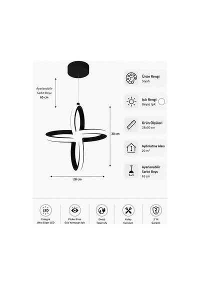 AvizeGO Enzo Led Sarkıt Avize Beyaz Işık Siyah