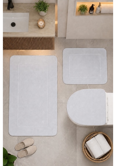 Beyaz 3'lü Banyo Halısı Paspası Seti Kaymaz Tabanlı Yıkanabilir Klozet Takımı Venisa