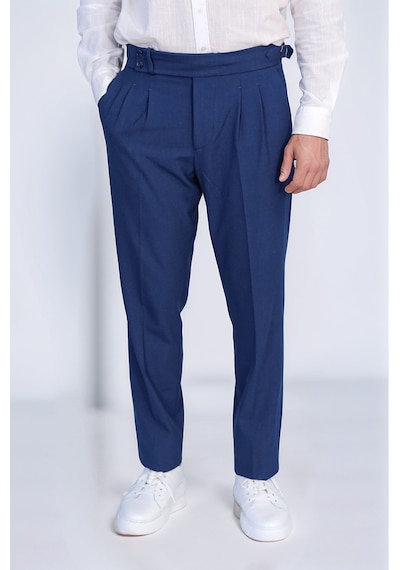 Saks Mavisi Çift Pileli Tokalı Yüksek Bel Slim Fit Pantolon Wessi Koyu Mavi