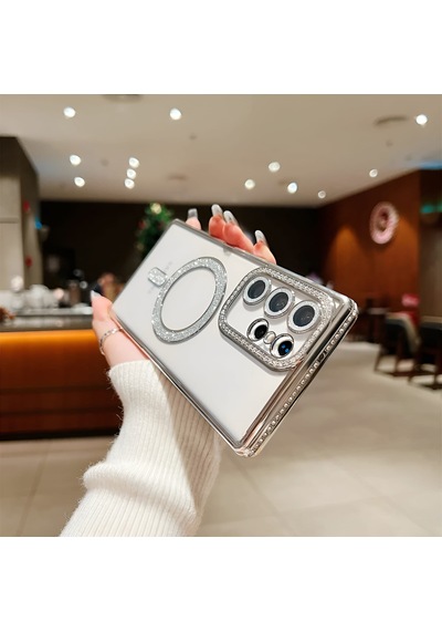 Samsung Galaxy S26 Ultra Uyumlu Şeffaf Taşlı Magsafe Özellikli Kılıf Gümüş