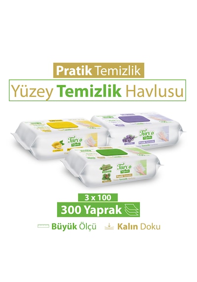 Turco Doğadan Pratik Yüzey Temizlik Havlusu Yeşil Sabun Lavanta Limon 3x100