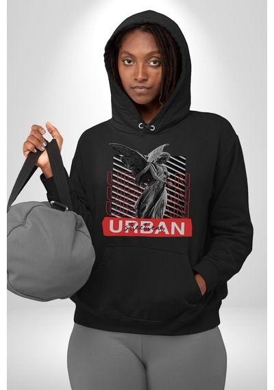 Şehir Sokak Stili Melek Heykeli Kadın Erkek Siyah Kapüşonlu Sweatshirt Hoodie Siyah