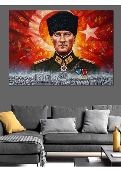 Türk Bayrağı, Kalpak Başlıklı Atatürk Ve Kahraman Türk Askeri Dekoratif Kanvas - Mdf Ahşap Tablo