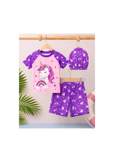 Rony Pony Kids Kız Çocuk 3 Lü Plaj Takımı Deniz Kızı Desenli Mayo Seti Bone Şortlu Mor Pembe