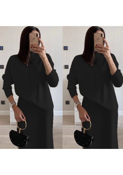 Defymoda Kadın Uzun Kollu Boğazlı Kazak Ve Yanı Yırtmaçlı Etek Akrilik Ikili Takım Siyah