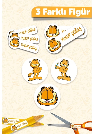Okul Etiketi Kalem Defter İsimli Etiket Isim Yazılabilen Garfield - 190 Adet Özel Yeni Tasarım
