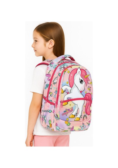 Pembe Unicorn Desenli Kız İlkokul Sırt Çantası + Beslenme Çantası 2307 Çok Renkli