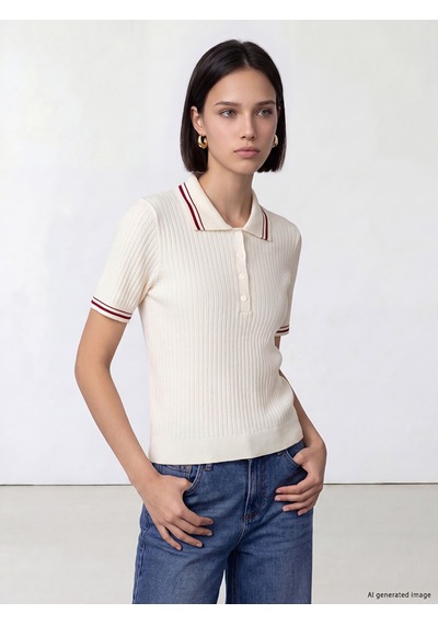 Lcw Comfort Beyaz Polo Yaka Çizgili Kadın Triko Kazak