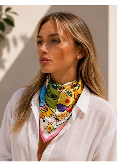 Kumru Studio Renkli Yüz Motifli Bandana Ve Fular Çok Renkli