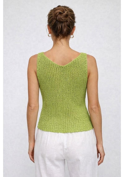 Neden Tekstil Twist Knot Detaylı Premium Kadın Triko Bluz V Yaka Örgü Dokulu Şık Crop Tasarım - Yeşil