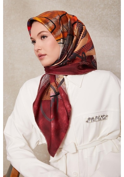 Levidor Karmaşık Desen Twill İpek Eşarp-0915 Bordo