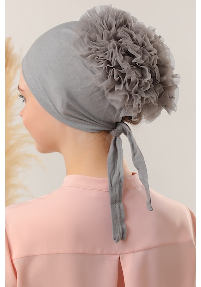 Melodi Scarf Kadın Tesettür Önü Dikişsiz Fırfırlı Penye Bone Gri