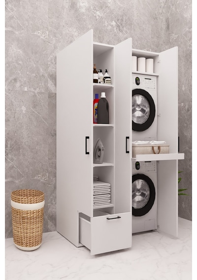 Mdf Çamaşır Makinesi Ve Kurutma Makinesi Dolabı Ütü Masalı Kapaklı Beyaz