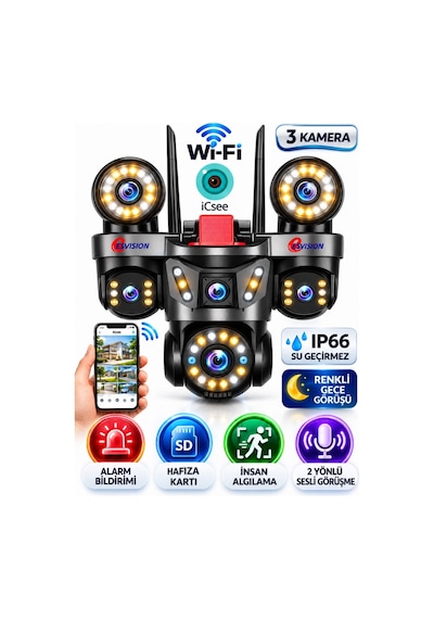Esvision Es-9003 9mp 3 Kamera Wifi Ptz Sesli Akıllı Takip Zoom Güvenlik Kamera 7/24 Koruma 3+3+3mp