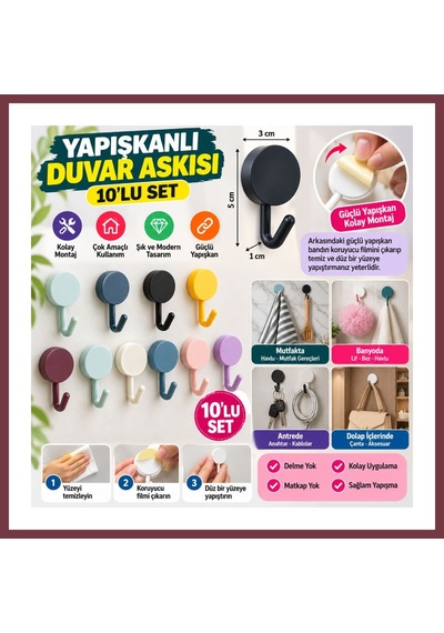 Storeşahin 10 Lu Plastik Kendinden Yapışkanlı Renkli Askı Seti Shn0720