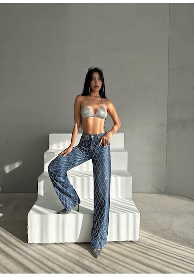 Loısy Kadın Koyu Mavi Renk Loose Fit Önü Starlight Parlak Taşlı Tasarım Denim Mavi