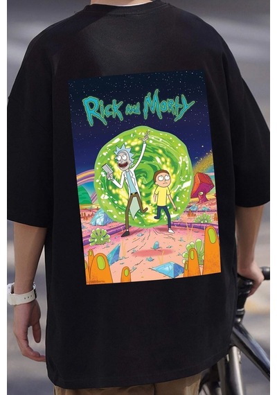 Flood Of Style Unisex Rick And Morty Baskılı T-shirt Siyah