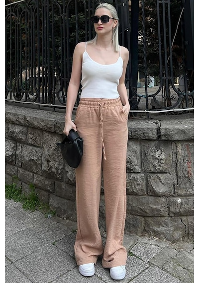 Madmext Camel Beli Büzgülü Bol Paça Kadın Pantolon Mg2011-camel Camel