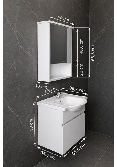 Darende 55cm Seramik Lavabolu Mdf Aynalı Banyo Dolabı Beyaz
