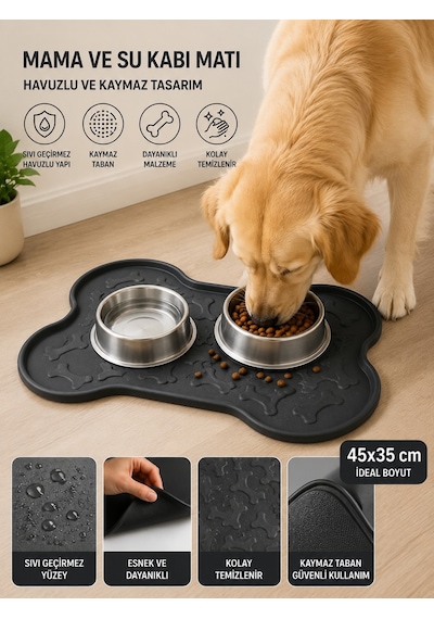 Kedi Köpek Mama Ve Su Kabı Altlığı Kemik Figürlü 45x35 Cm Kaymaz Mama Matı Yıkanabilir Döküntü Önleyici