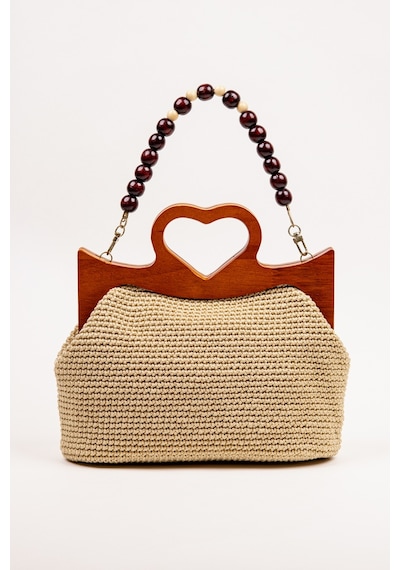 Fabric Craft Bag El Çantası Örgü Floş İplik Ahşap Saplı Açık Bej