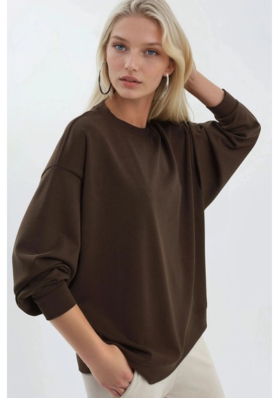 Hiccup Busem Rahat Kesim Bisiklet Yaka Örme Sweatshirt Kahve Kahvesi