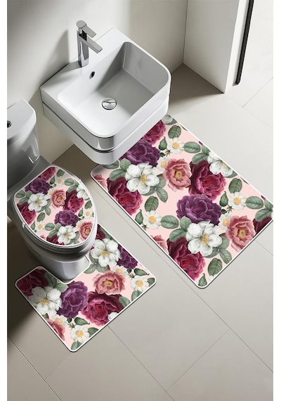 Modern Desenli Dijital Baskı 3 Lü Banyo Paspas Takımı Yıkanabilir Kaymaz Tabanlı Klozet Takımı Klz0053 Renkli