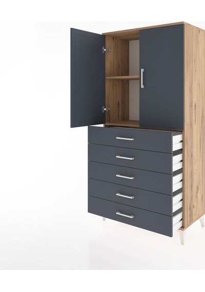 Hyperion Dolap 2 Raflı 5 Çekmeceli 2 Kapaklı 88x44x182 Çam-an... Çam