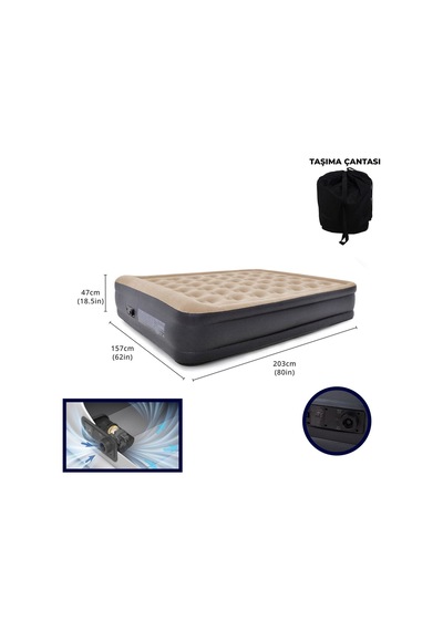 Terravıta Queen Size Yüksek Şişme Yatak Kendinden Elektrikli 203 x 157 x 47 CM 24042 Lacivert