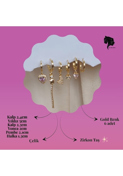 6'lı Kalp Yonca Yıldız Pembe Taş Gold Renk Küpe Seti Altın