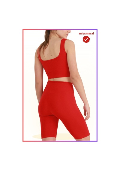 Missmaral Kadın Yüksek Bel Toparlayıcı Tayt Kısa Spor Şort Deniz Havuz Spor Biker Shorts Kırmızı 1070 Kırmızı