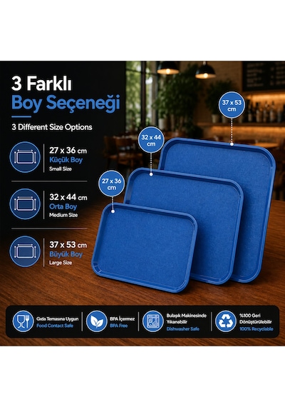 Abs Servis Tepsisi Kaymaz Yüzeyli 37x53 Cm Mavi Renk Endüstriyel Kullanıma Uygun, Kırılmaz, Bpa Free 7 Renk Seçenekli