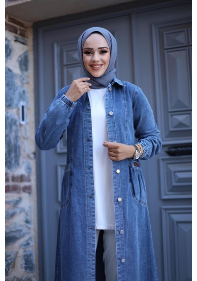 Harman Butik Kadın Düğmeli Cepli Kar Yıkamalı Denim Kot Kap Koyu Kot Mavi Koyu Kot Mavi