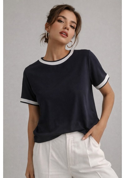 Kadın Lacivert Bisiklet Triko Yaka Kısa Kollu Basic T-shirt Lacivert