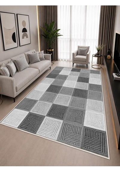 Gri Dijital Baskı Halı Kaymaz Tabanlı Yıkanabilir Halı Yolluk Salon Halısı2152