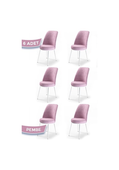 Canisa Concept Dexa Serisi, Üst Kalite Yemek Odası Sandalyesi, Metal Beyaz Iskeletli, 6 Adet Pembe Metal, Pembe