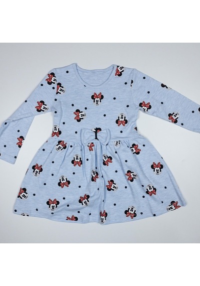 Momikon Minnie Mouse Baskılı Uzun Kollu Pamuklu Açık Mavi Elbise Açık Mavi