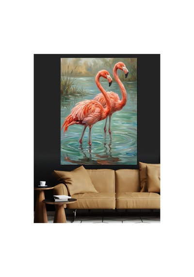 Su İçinde Duran Pembe Flaminpolar Yağlı Boya Dokulu Kanvas Tablo Canvas Tablosu
