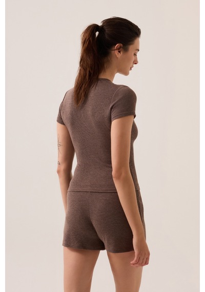 Los Ojos X Ece Kahverengi Modal Kumaşlı Kısa Kollu Şortlu Pijama Takımı Ribbed Pj4 Kahverengi Kahverengi