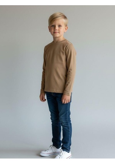 Zekids Erkek Çocuk Pamuklu Bisiklet Yaka Uzun Kollu Basic T-shirt-16775 Bej