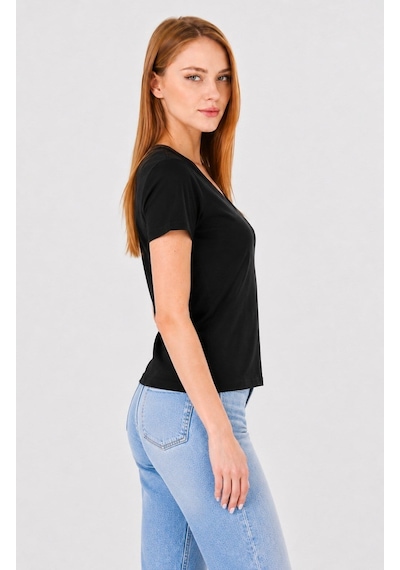 Sortie Collection Kadın V Yaka Tül Detaylı Pamuklu Basic Tişört Siyah