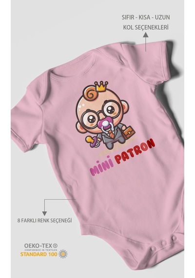 Mini Patron V2 Baskılı Bebek Zıbını Çıtçıtlı Body %100 Pamuk Kısa Kol Koyu Pembe