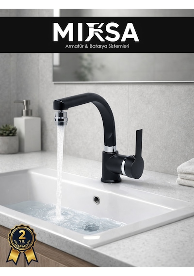 Siyah-krom Armut Balıksırtı Borulu Oynar Başlıklı Perlatörlü Banyo Lavabo Bataryası, Çiftsugirişli
