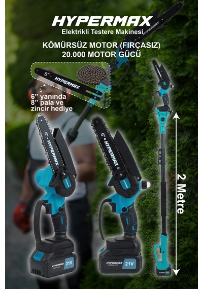 Hypermax DK-911 3'lü Set Çift Akülü 10 Pilli Kömürsüz Teleskopik Kollu Bağ Budama Makası ve Budama Testeresi