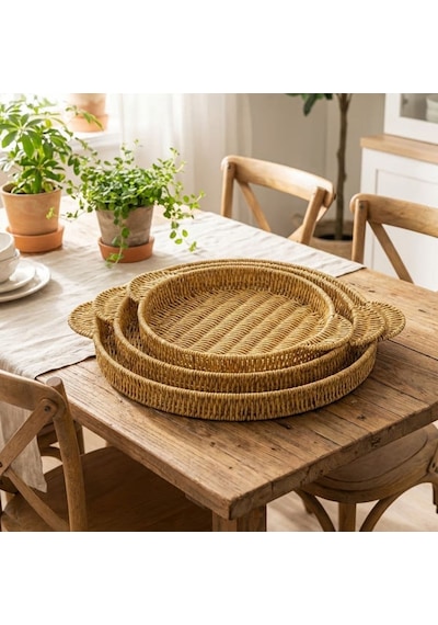 İç İçe Geçebilen 3 Lü Yuvarlak Plastik Rattan Tepsi Seti Hasır Görünümlü Çok Amaçlı Servis Ve Sunum Te Çok Renkli