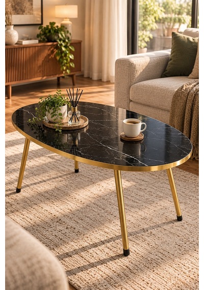 Sulorahome Gold Ayaklı Oval Mermer Desenli Orta Sehpa Siyah