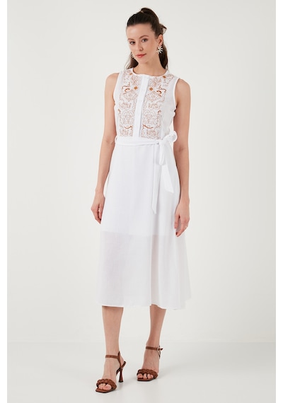 Lela Nakışlı Regular Fit Kolsuz Midi Bayan Elbise 611El00959 Ekru-Camel