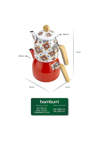 Bambum Unique - Bambu Kulplu Emaye Çaydanlık Takımı Turuncu