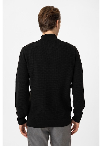 Back And Bond Siyah Regular Fit Desenli Dik Yaka Yarım Fermuarlı Triko Kazak